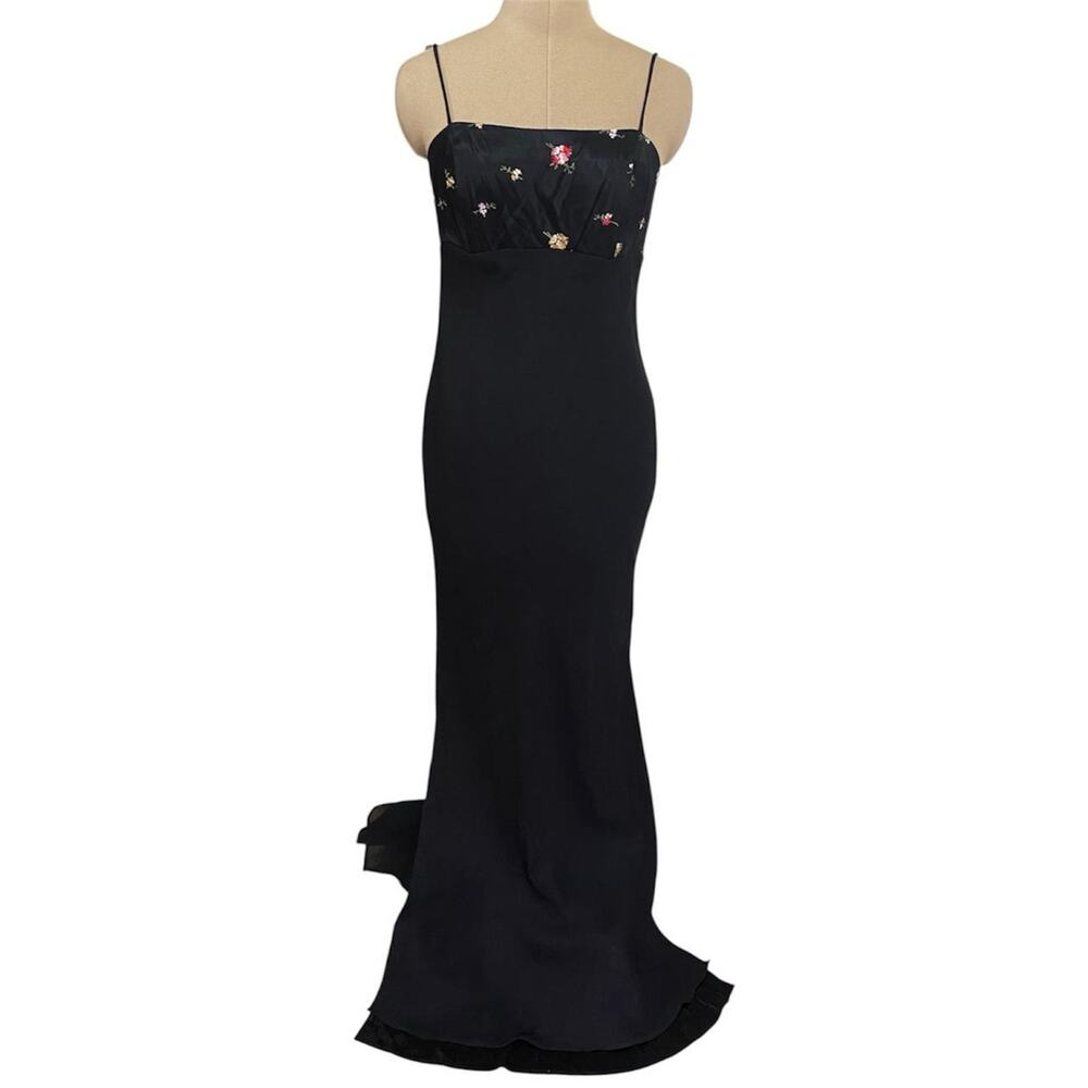 Vintage 80’s/ 90’s L.A. Glo Black Maxi Dress Floral Embroidery size 7/8